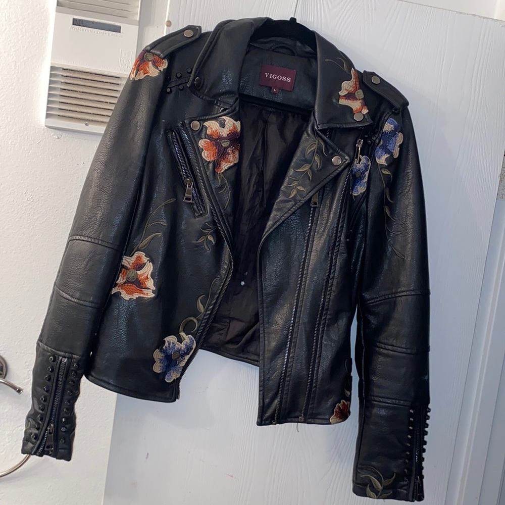 Black Studded Floral Faux Leather Jacket